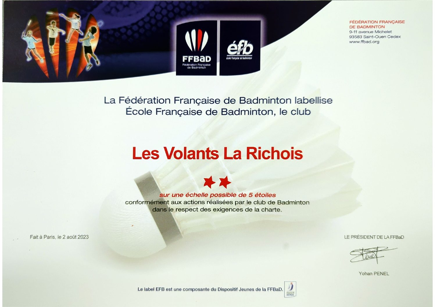 La FFBad récompense Les Volants La Richois